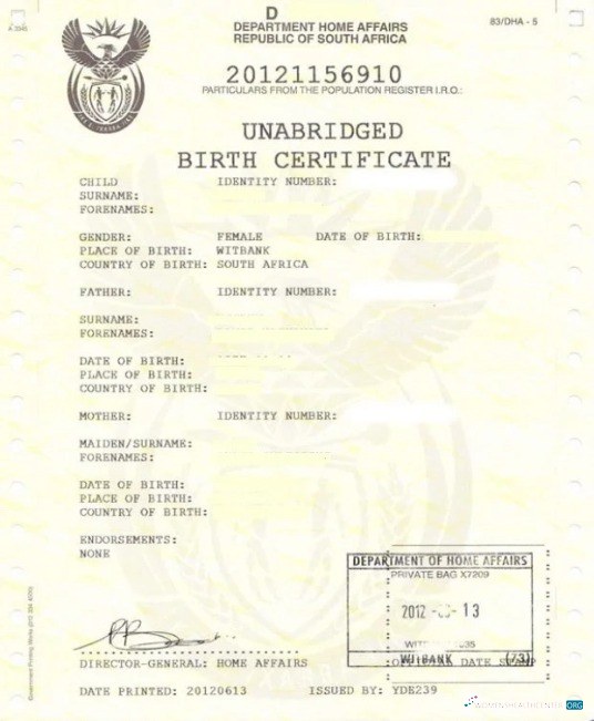 Download South Africa Department home affairs birth certificate Photoshop template